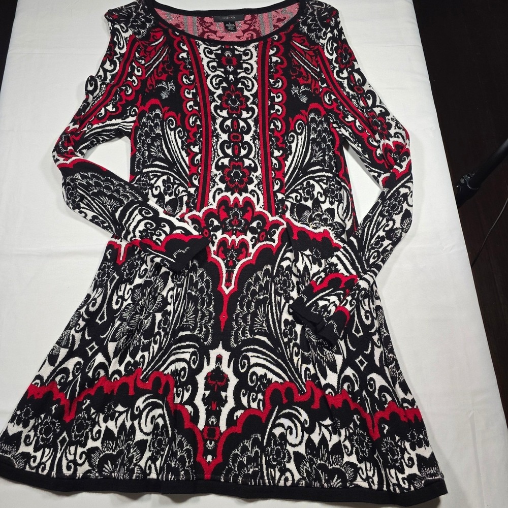 Style & Co Womens Red Black White Paisley Knit Sweater Long Sleeve Large L Dress